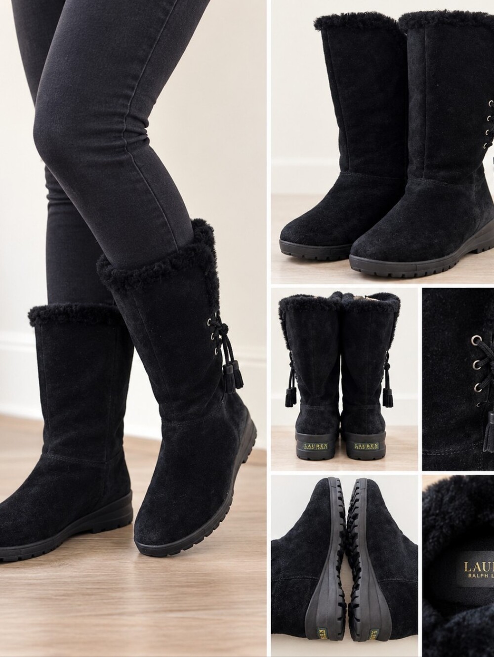 Ralph Lauren Black Suede Sherling/Faux-Fur Trim Winter Boots